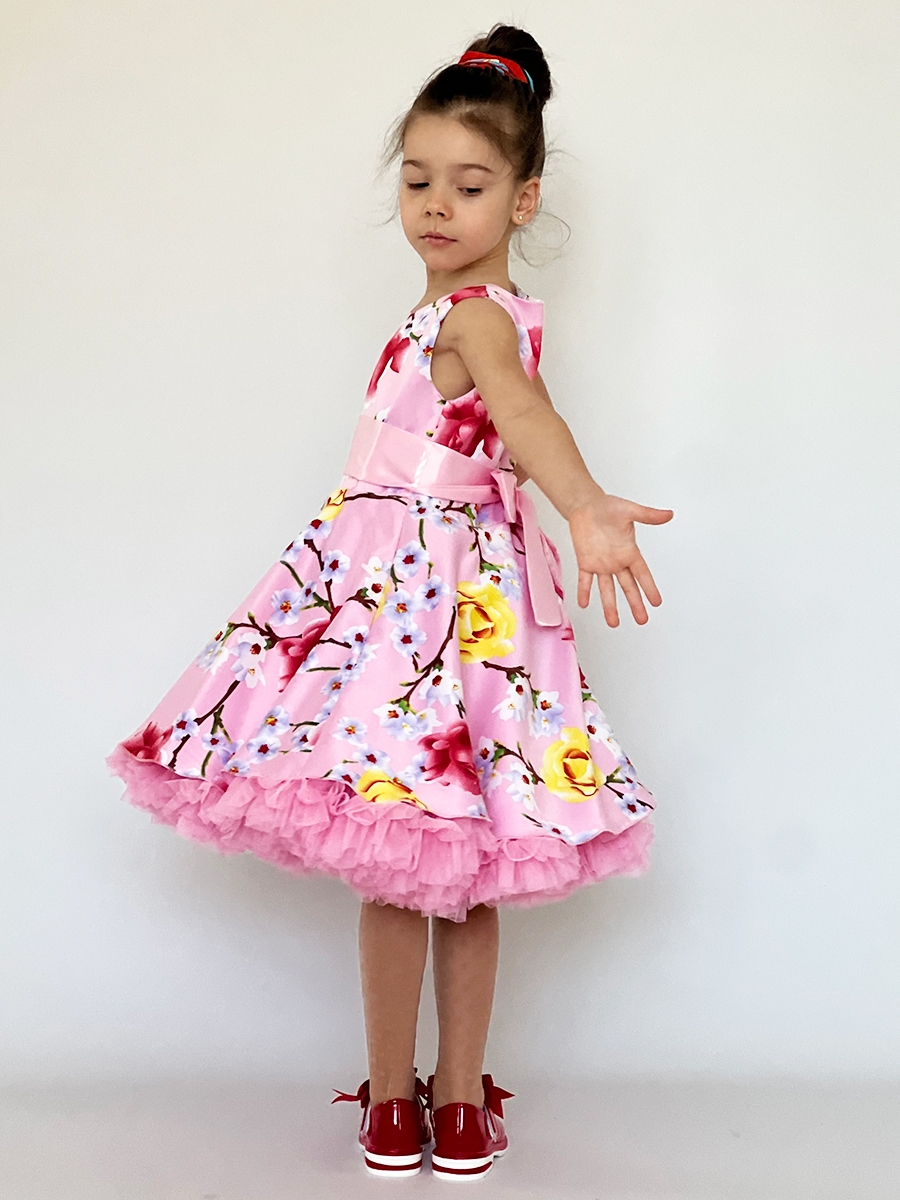 Платье для девочки нарядное БУШОН ST30, стиляги, цвет розовый цветы 
