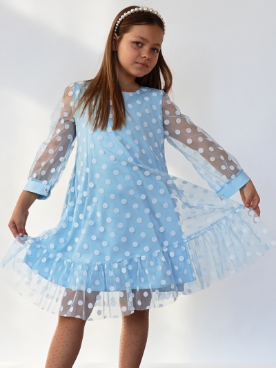 Платье для девочки нарядное БУШОН ST53, цвет голубой/белый горох