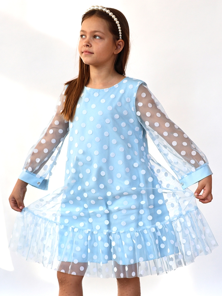 Платье для девочки нарядное БУШОН ST53, цвет голубой/белый горох