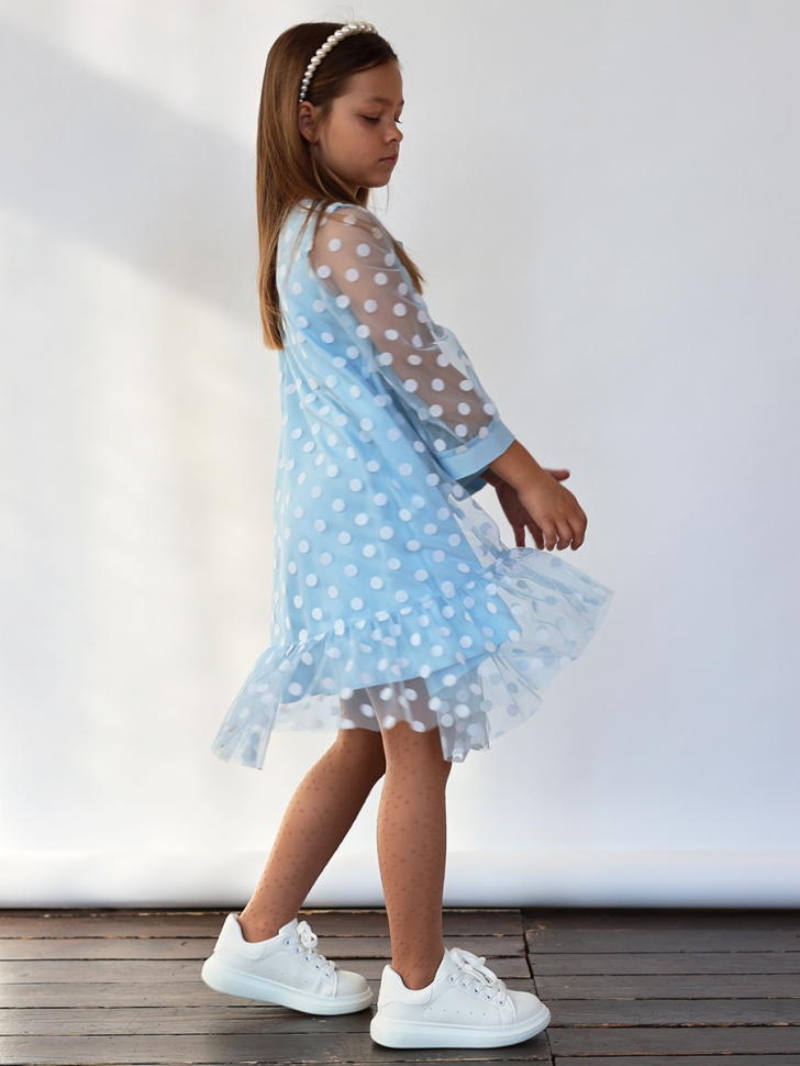 Платье для девочки нарядное БУШОН ST53, цвет голубой/белый горох