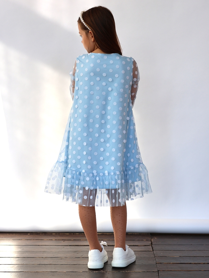 Платье для девочки нарядное БУШОН ST53, цвет голубой/белый горох