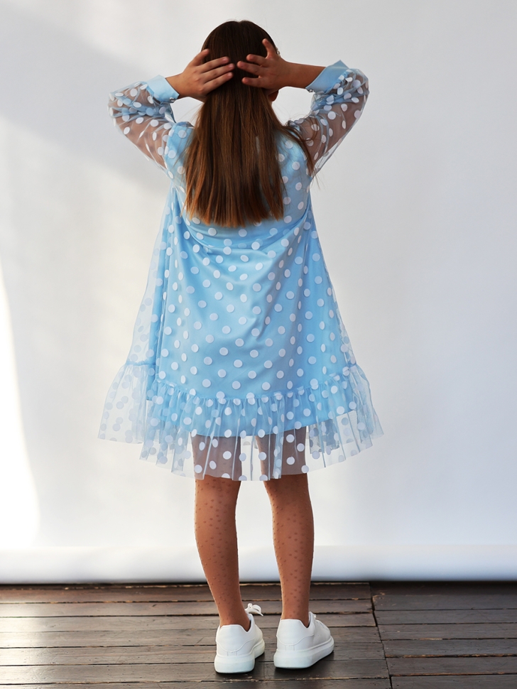 Платье для девочки нарядное БУШОН ST53, цвет голубой/белый горох