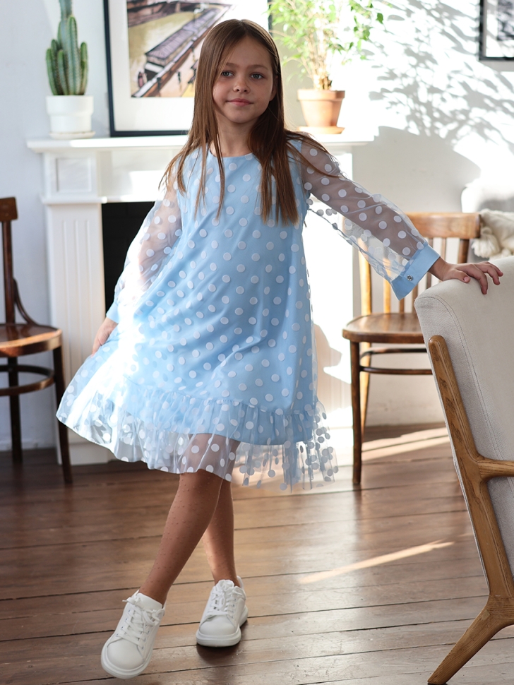 Платье для девочки нарядное БУШОН ST53, цвет голубой/белый горох