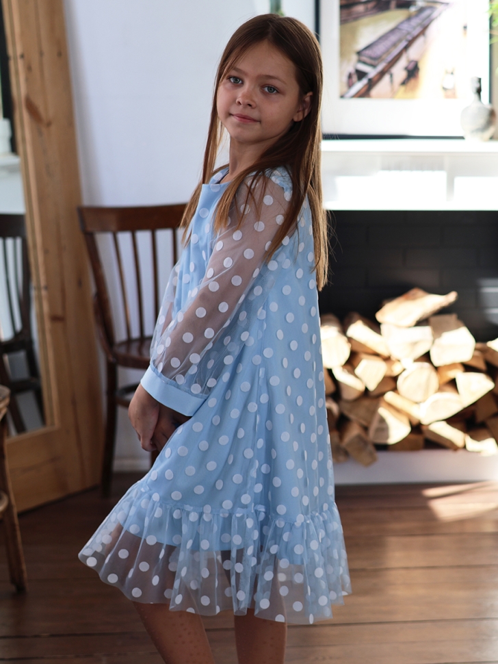 Платье для девочки нарядное БУШОН ST53, цвет голубой/белый горох
