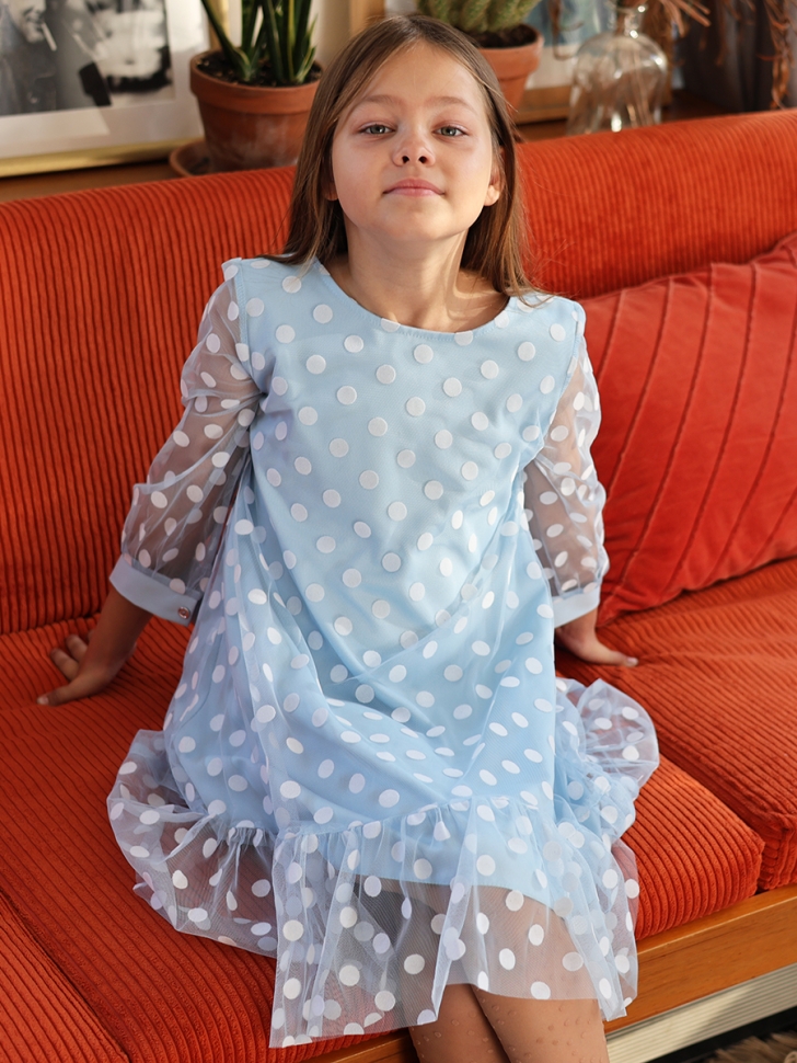 Платье для девочки нарядное БУШОН ST53, цвет голубой/белый горох