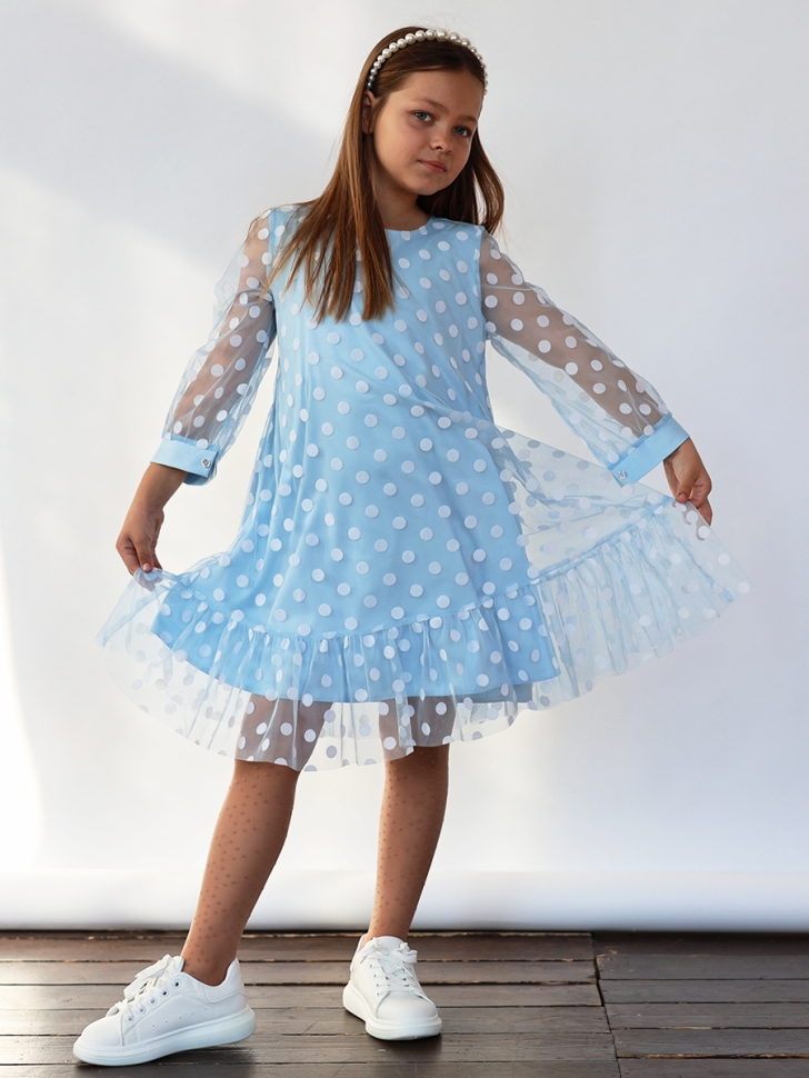 Платье для девочки нарядное БУШОН ST53, цвет голубой/белый горох