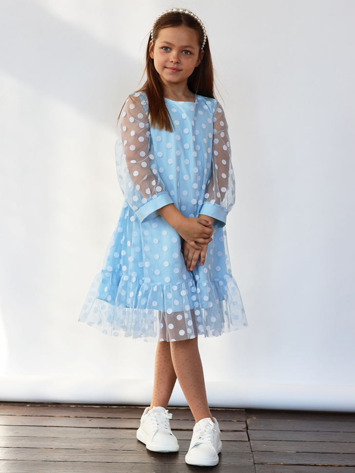 Платье для девочки нарядное БУШОН ST53, цвет голубой/белый горох