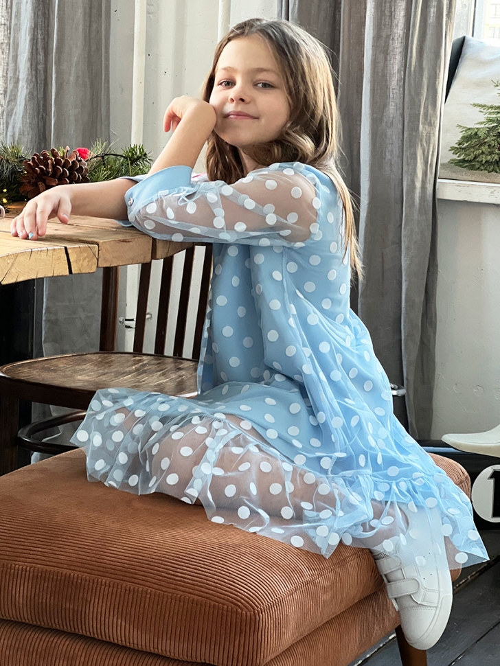 Платье для девочки нарядное БУШОН ST53, цвет голубой/белый горох