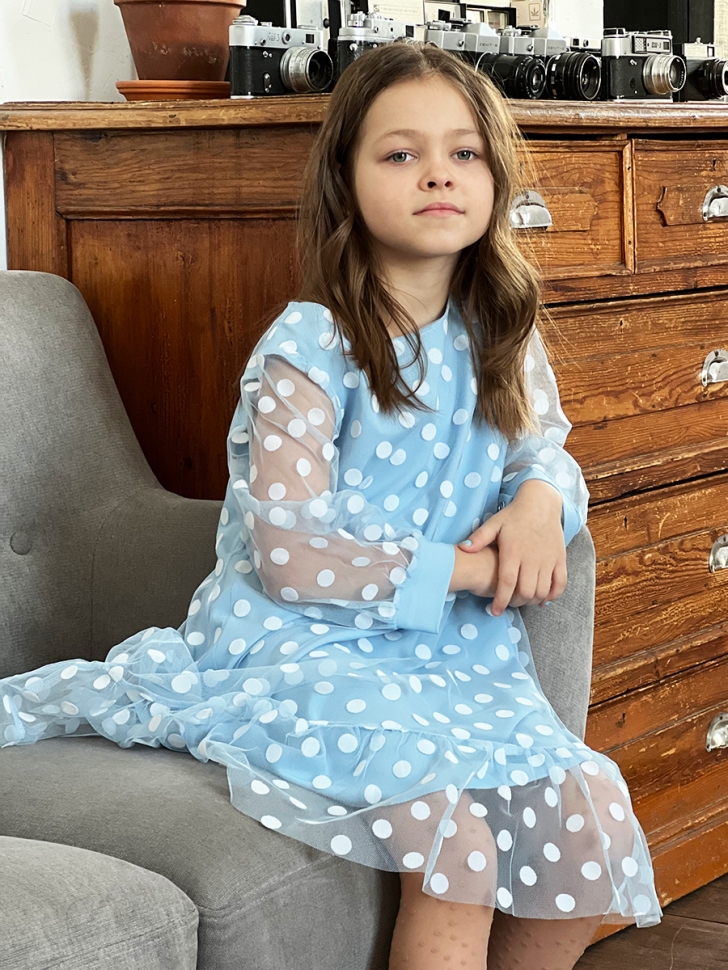 Платье для девочки нарядное БУШОН ST53, цвет голубой/белый горох