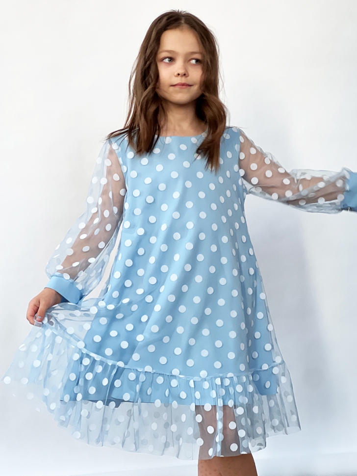 Платье для девочки нарядное БУШОН ST53, цвет голубой/белый горох