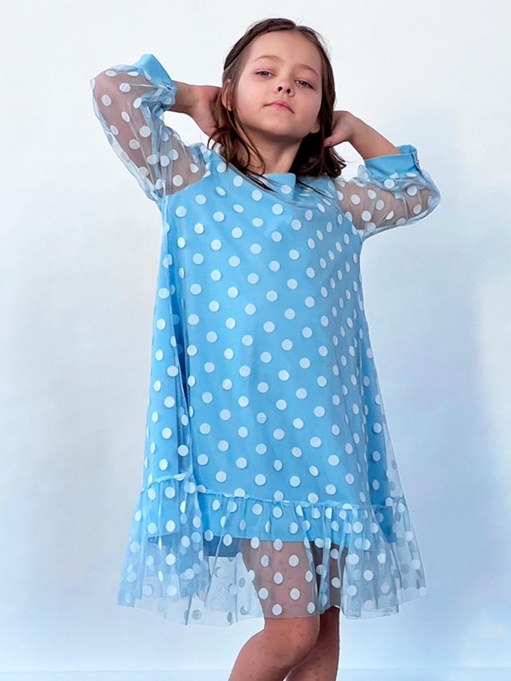 Платье для девочки нарядное БУШОН ST53, цвет голубой/белый горох