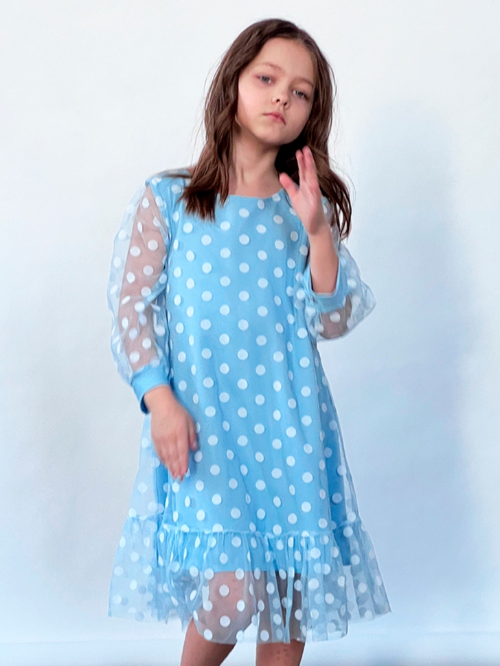 Платье для девочки нарядное БУШОН ST53, цвет голубой/белый горох