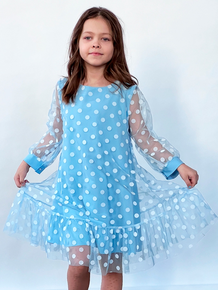 Платье для девочки нарядное БУШОН ST53, цвет голубой/белый горох