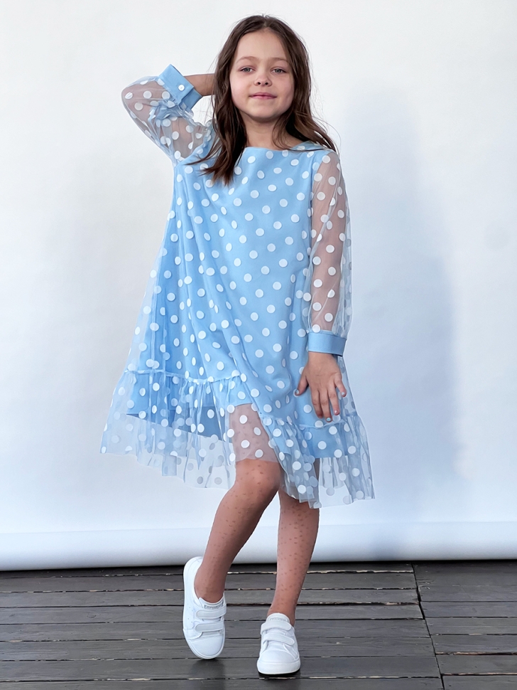 Платье для девочки нарядное БУШОН ST53, цвет голубой/белый горох