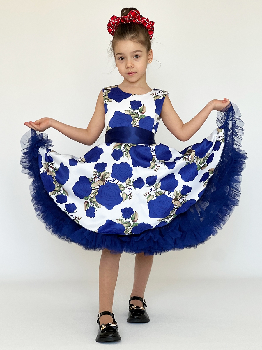 Платье для девочки нарядное БУШОН ST30, стиляги, цвет синий цветы 