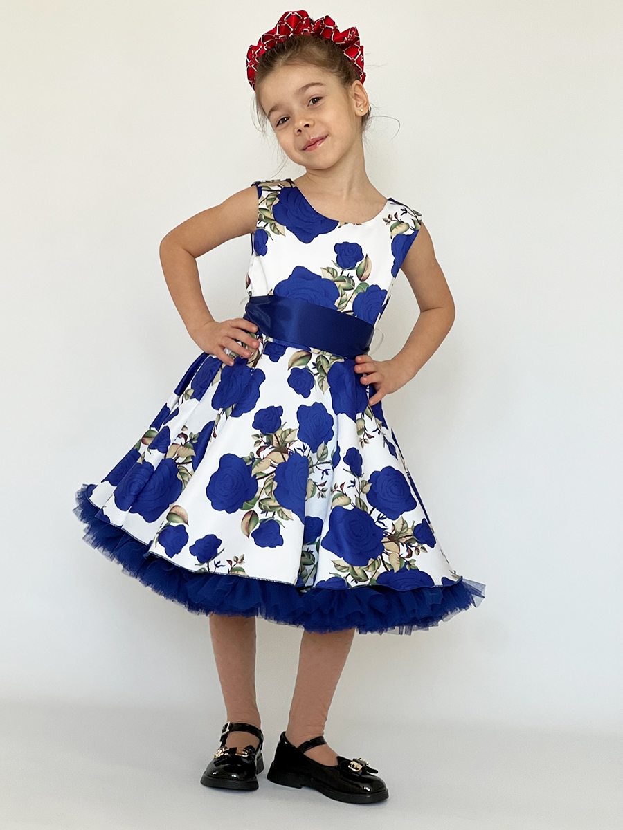 Платье для девочки нарядное БУШОН ST30, стиляги, цвет синий цветы 