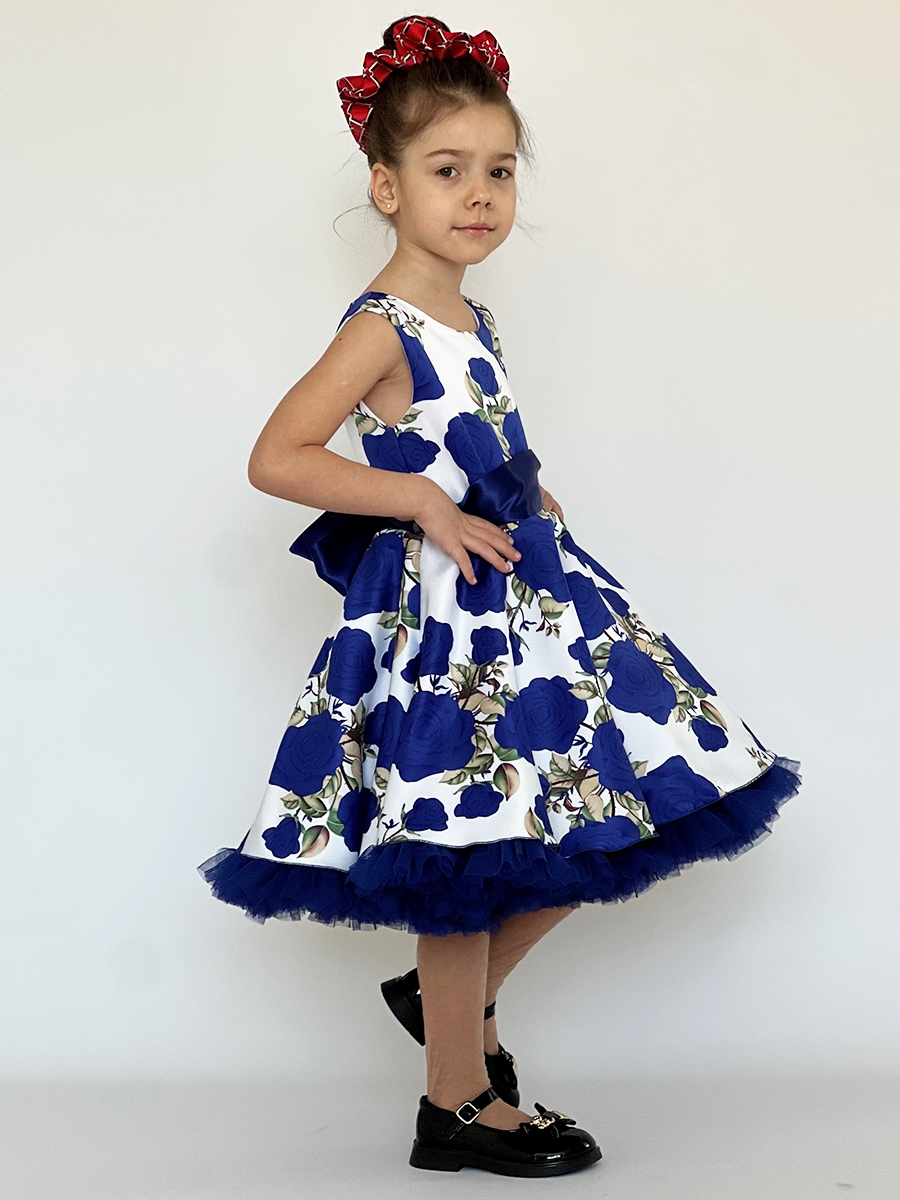 Платье для девочки нарядное БУШОН ST30, стиляги, цвет синий цветы 