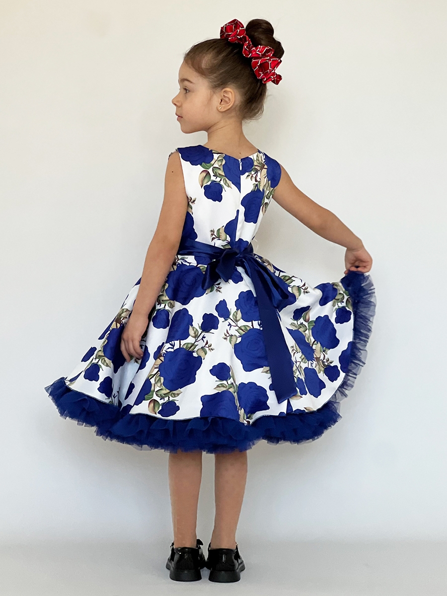 Платье для девочки нарядное БУШОН ST30, стиляги, цвет синий цветы 