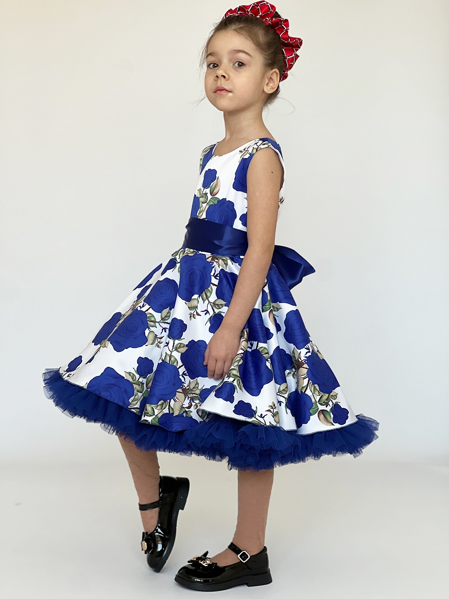 Платье для девочки нарядное БУШОН ST30, стиляги, цвет синий цветы 