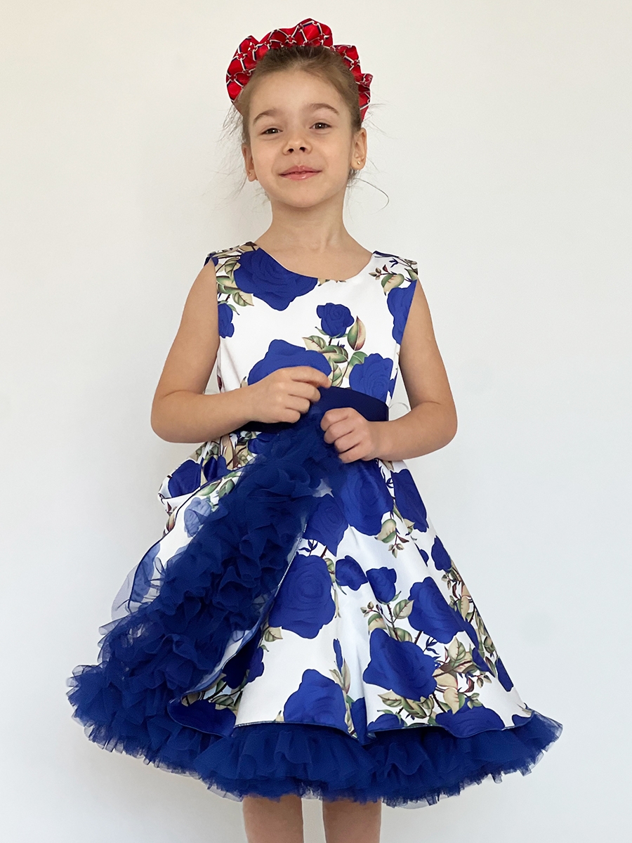 Платье для девочки нарядное БУШОН ST30, стиляги, цвет синий цветы 