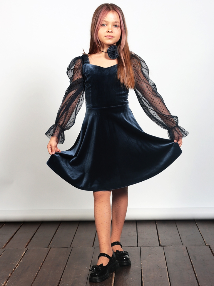 Платье велюровое нарядное БУШОН ST632, цвет темно-синий choker 