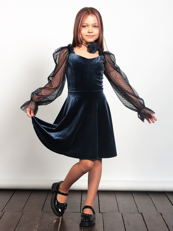 Платье велюровое нарядное БУШОН ST632, цвет темно-синий choker 