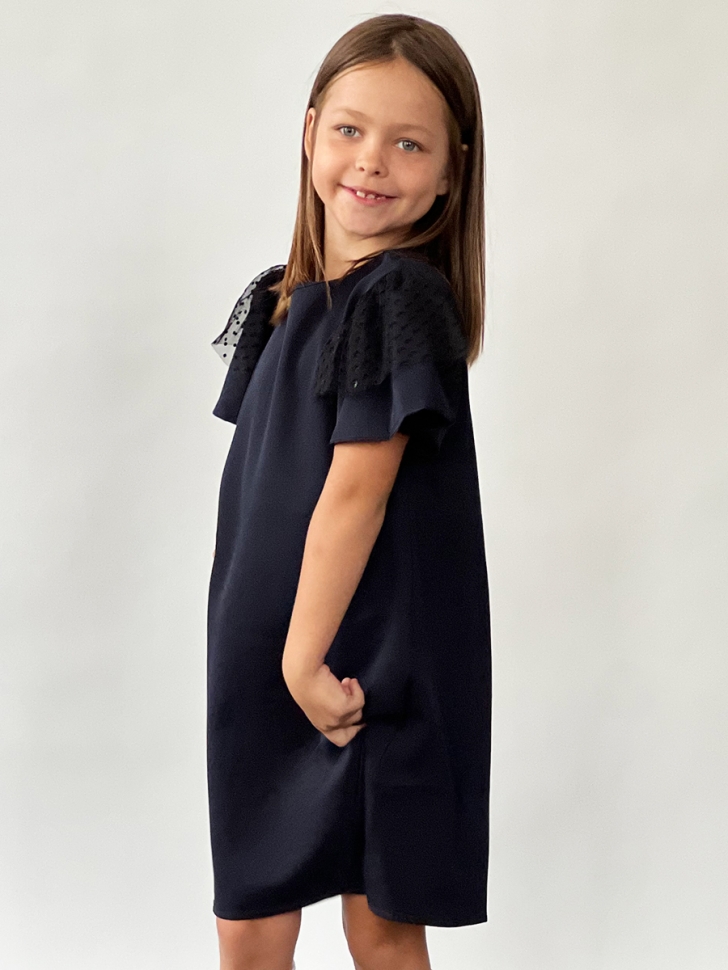 Платье для девочки нарядное БУШОН ST5410, цвет темно-синий горох синий 