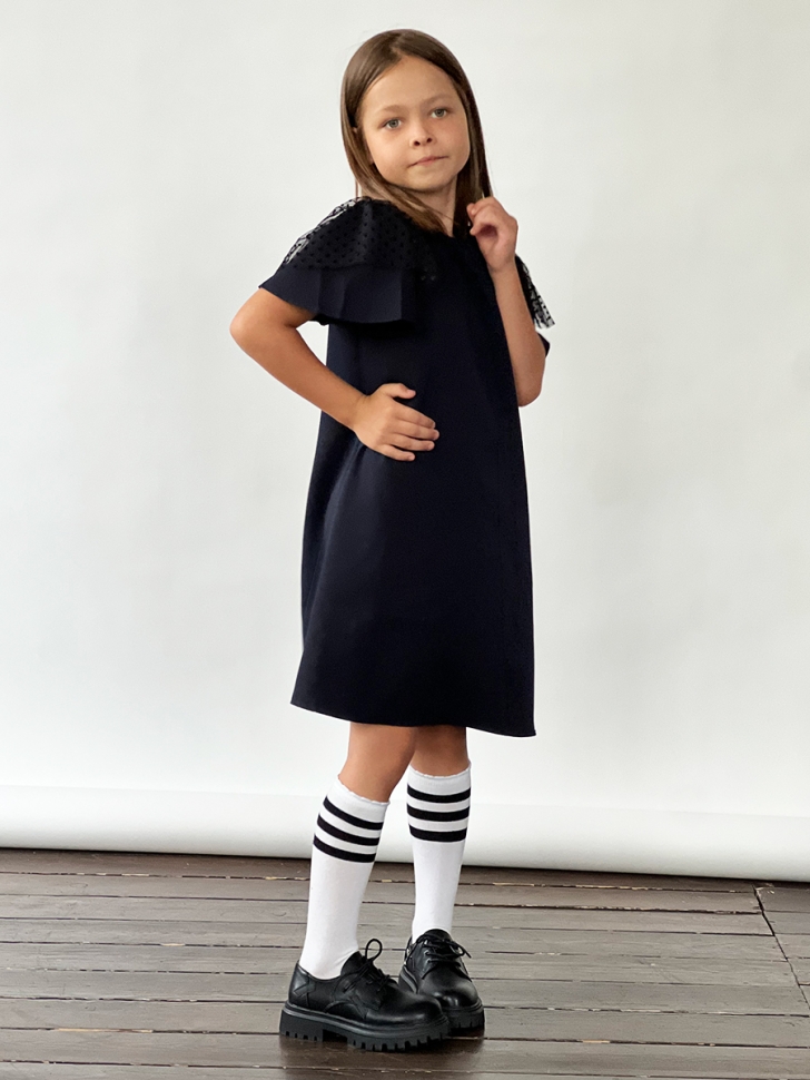 Платье для девочки нарядное БУШОН ST5410, цвет темно-синий горох синий 