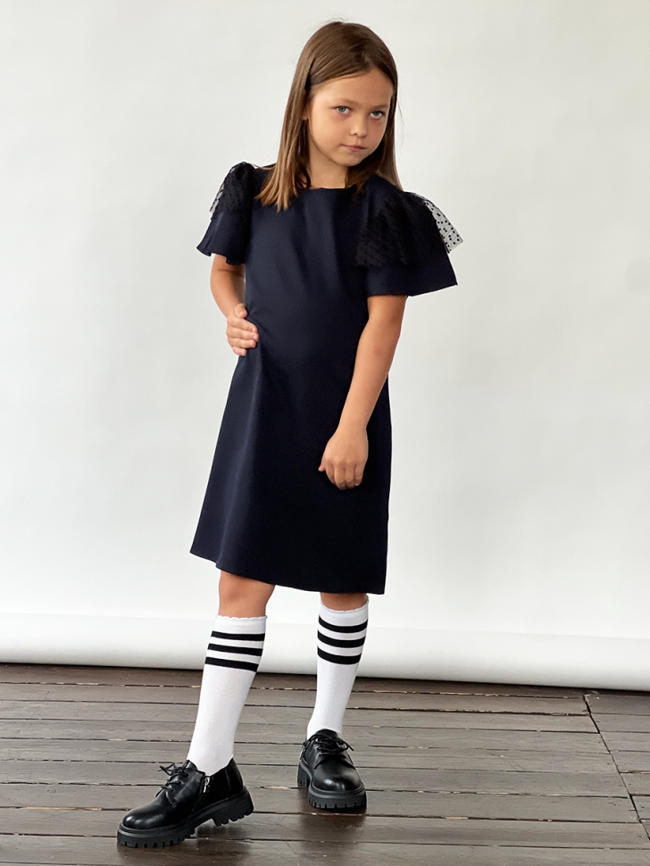 Платье для девочки нарядное БУШОН ST5410, цвет темно-синий горох синий 