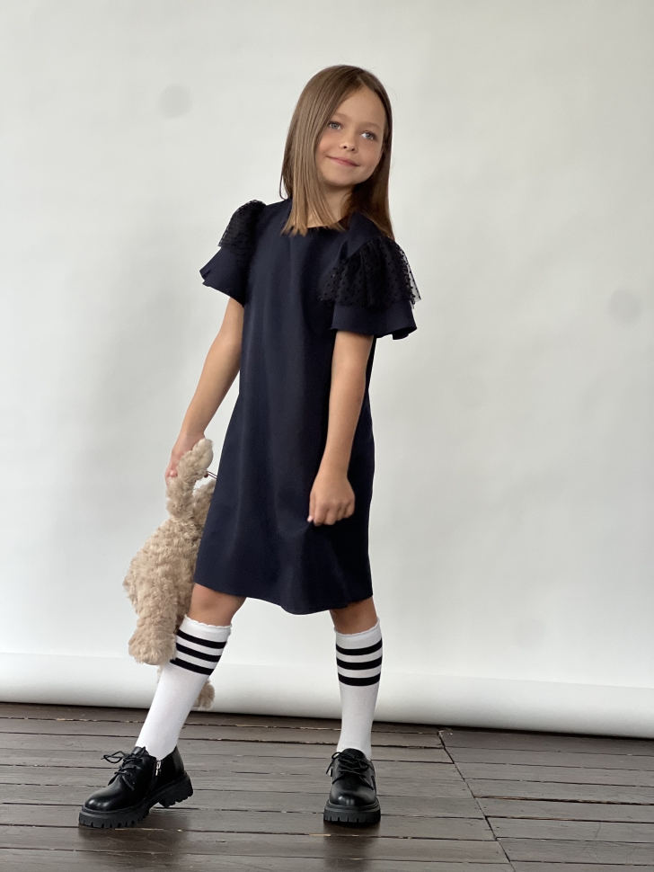 Платье для девочки нарядное БУШОН ST5410, цвет темно-синий горох синий 