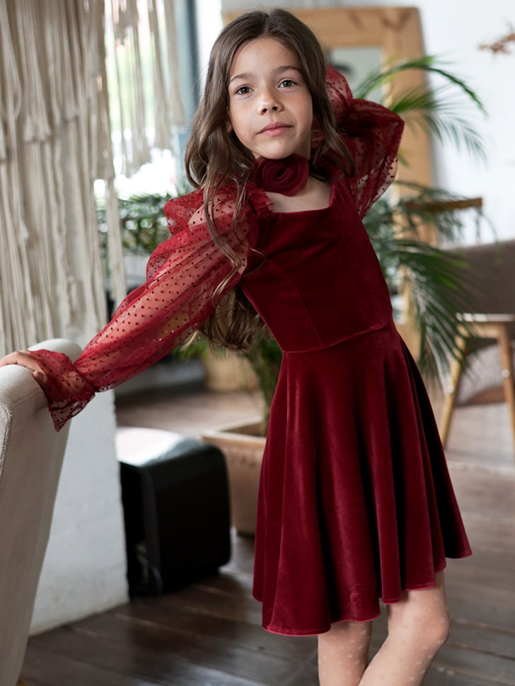 Платье велюровое нарядное БУШОН ST632, цвет бордовый choker