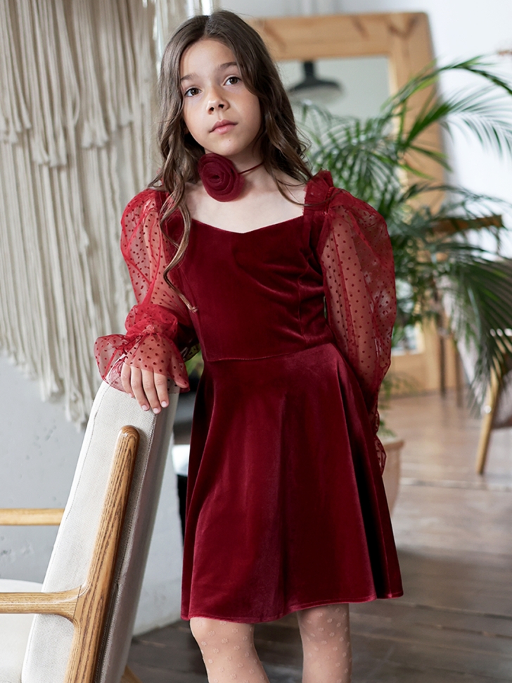 Платье велюровое нарядное БУШОН ST632, цвет бордовый choker