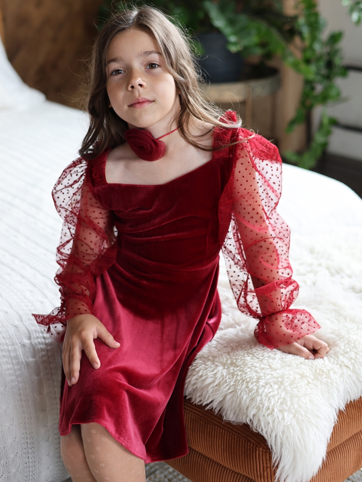 Платье велюровое нарядное БУШОН ST632, цвет бордовый choker