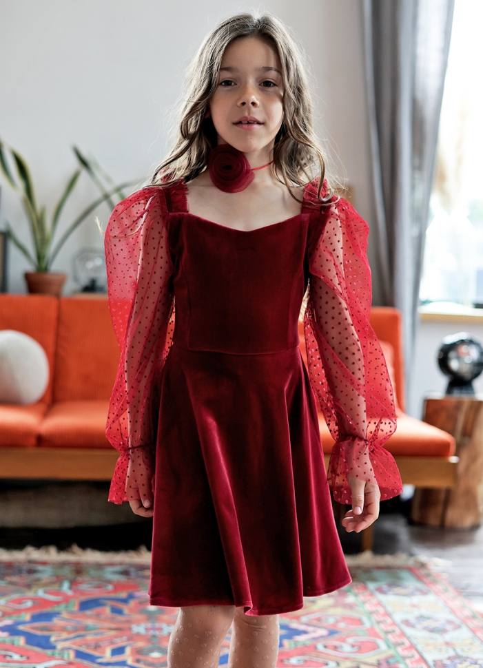 Платье велюровое нарядное БУШОН ST632, цвет бордовый choker