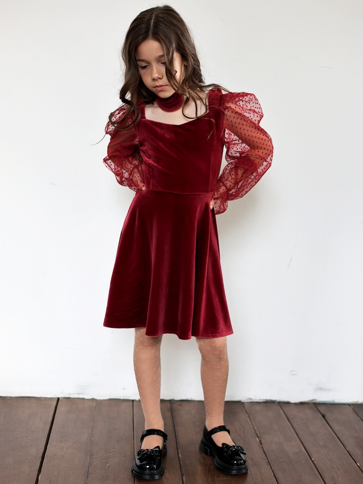 Платье велюровое нарядное БУШОН ST632, цвет бордовый choker