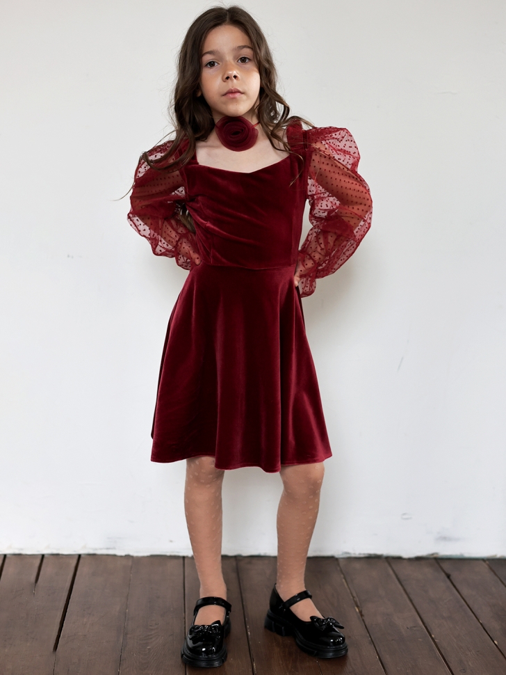 Платье велюровое нарядное БУШОН ST632, цвет бордовый choker