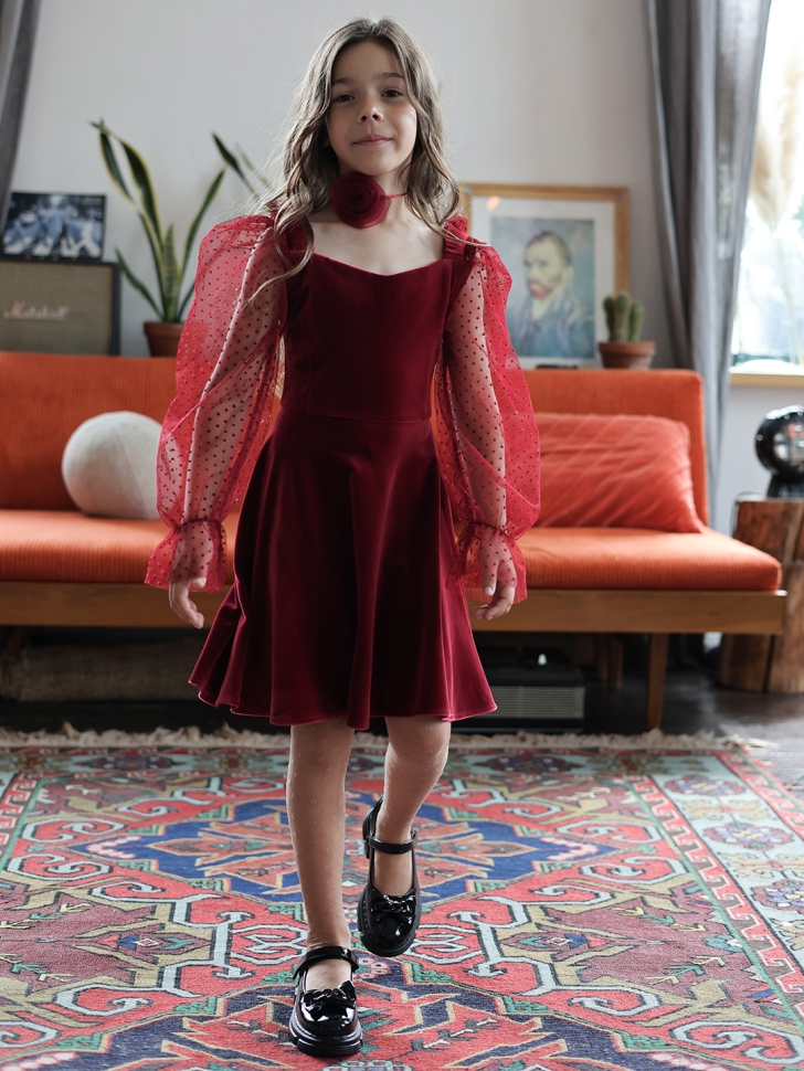 Платье велюровое нарядное БУШОН ST632, цвет бордовый choker