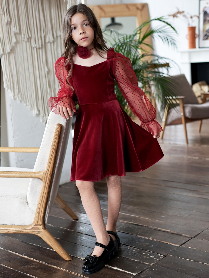 Платье велюровое нарядное БУШОН ST632, цвет бордовый choker