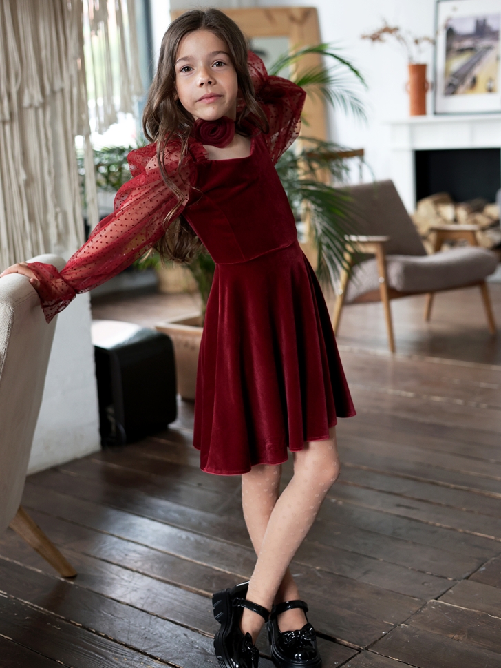 Платье велюровое нарядное БУШОН ST632, цвет бордовый choker