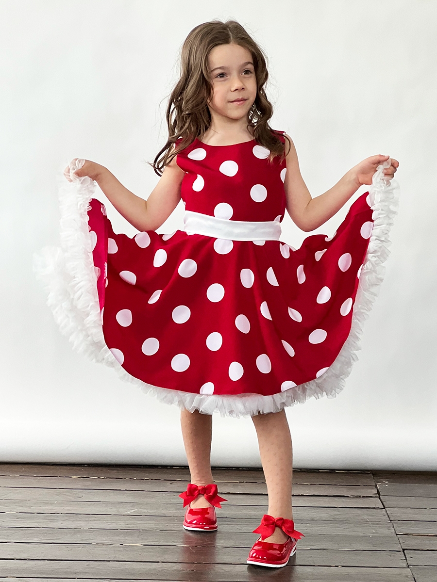 Платье для девочки нарядное БУШОН ST20, стиляги цвет малиновый, белый пояс, принт белый горох 
