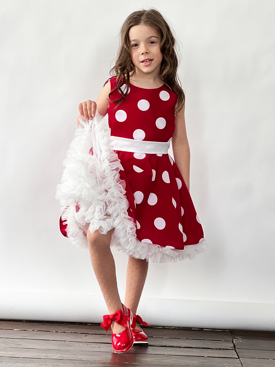 Платье для девочки нарядное БУШОН ST20, стиляги цвет малиновый, белый пояс, принт белый горох 