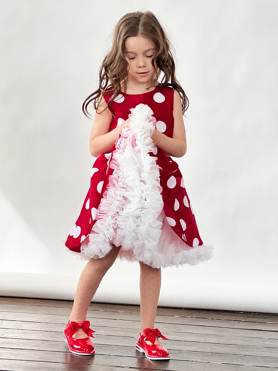 Платье для девочки нарядное БУШОН ST20, стиляги цвет малиновый, белый пояс, принт белый горох 