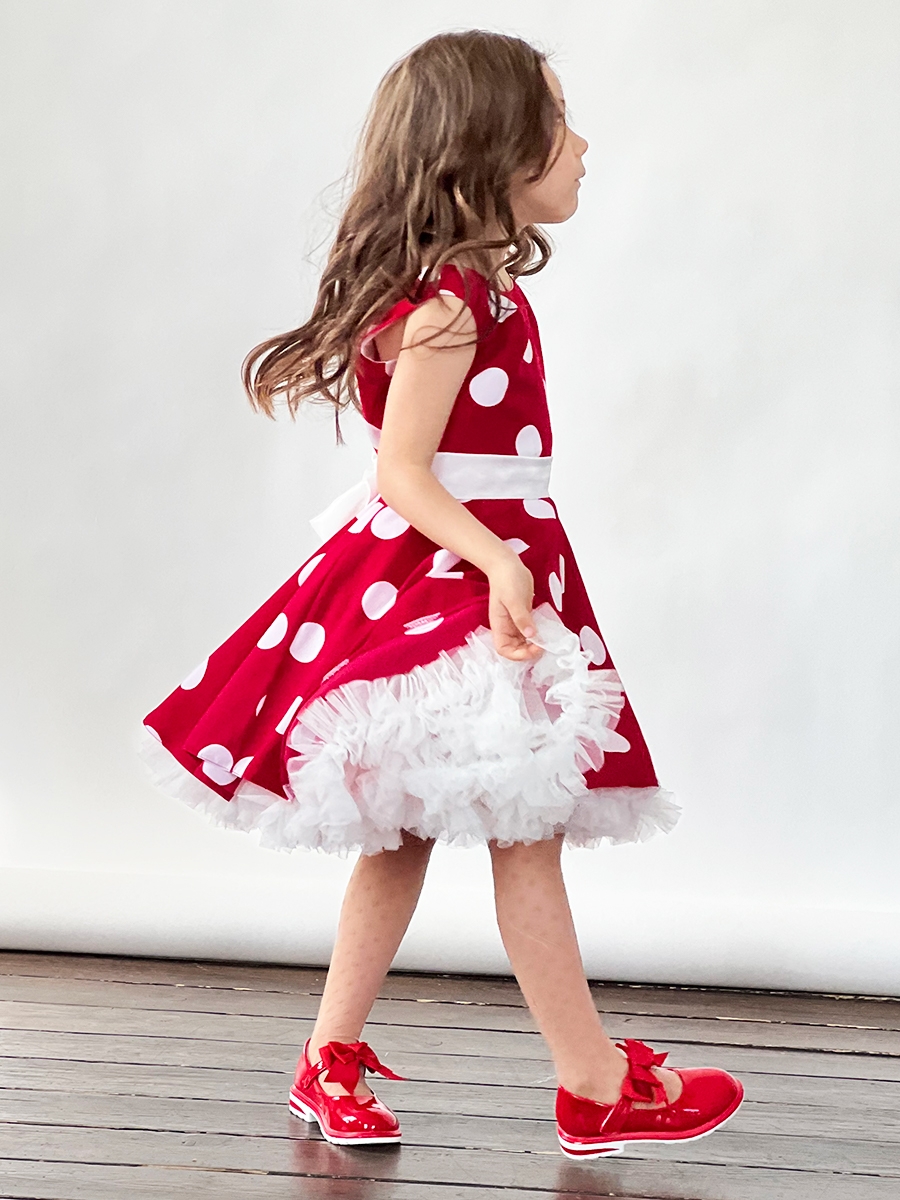 Платье для девочки нарядное БУШОН ST20, стиляги цвет малиновый, белый пояс, принт белый горох 
