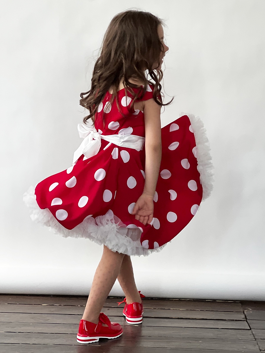 Платье для девочки нарядное БУШОН ST20, стиляги цвет малиновый, белый пояс, принт белый горох 