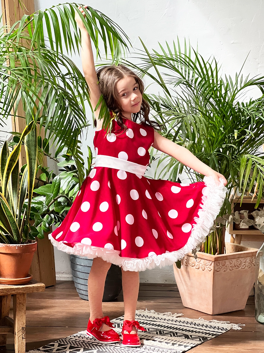 Платье для девочки нарядное БУШОН ST20, стиляги цвет малиновый, белый пояс, принт белый горох 