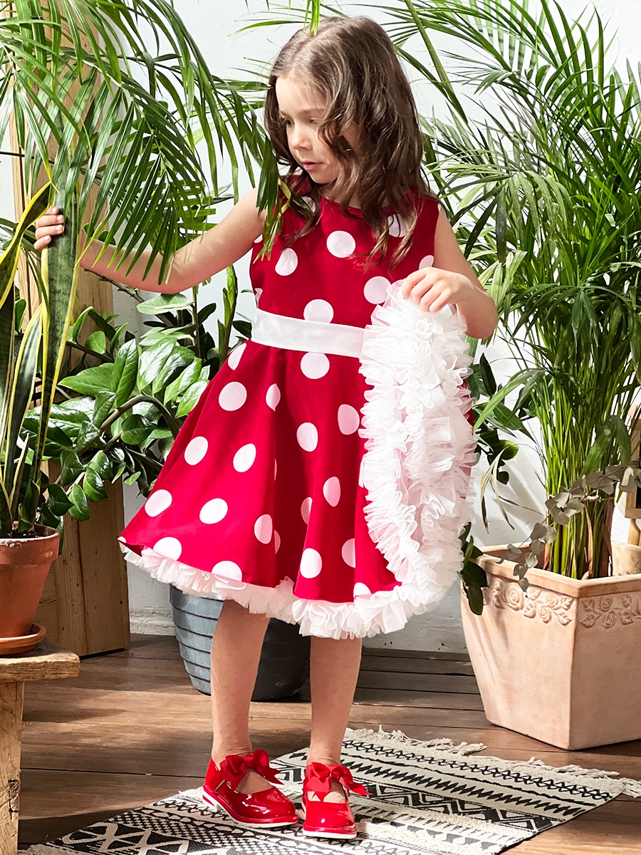 Платье для девочки нарядное БУШОН ST20, стиляги цвет малиновый, белый пояс, принт белый горох 