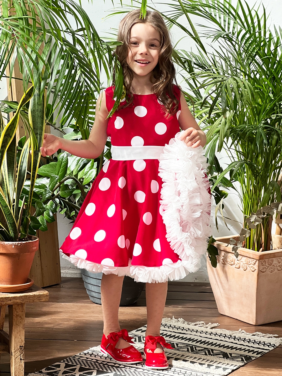 Платье для девочки нарядное БУШОН ST20, стиляги цвет малиновый, белый пояс, принт белый горох 