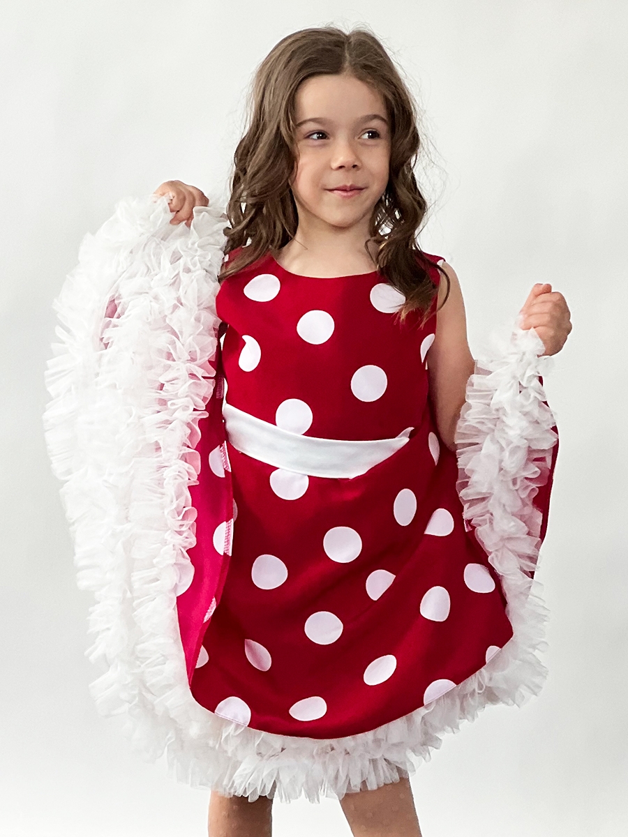 Платье для девочки нарядное БУШОН ST20, стиляги цвет малиновый, белый пояс, принт белый горох 