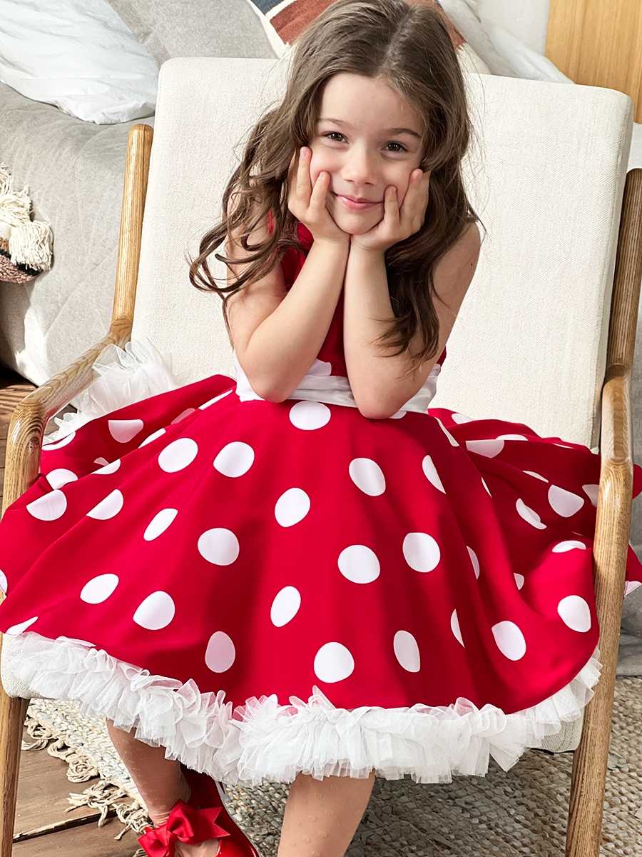 Платье для девочки нарядное БУШОН ST20, стиляги цвет малиновый, белый пояс, принт белый горох 