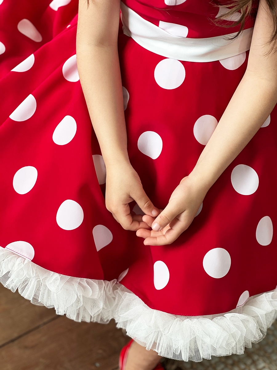 Платье для девочки нарядное БУШОН ST20, стиляги цвет малиновый, белый пояс, принт белый горох 